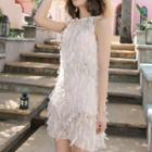 Set: Frill Trim Bikini + Sleeveless Chiffon Cover-up Mini Dress