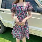 Puff-sleeve Square-neck Print A-line Dress