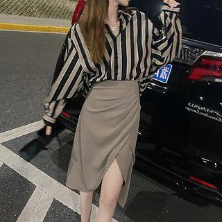 Striped Shirt / Asymmetrical Pencil Skirt / Set