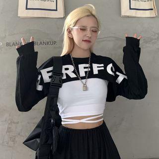 Set : Printed Letter Long-sleeve Sweatshirt + Plain Top Black - One Size