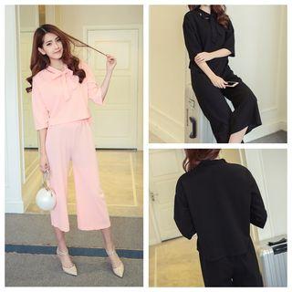Set : Plain Elbow-sleeve Bow Top + Capri Pants
