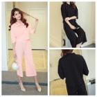 Set : Plain Elbow-sleeve Bow Top + Capri Pants
