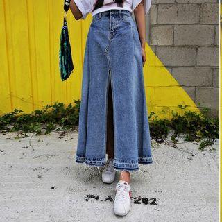 Side-slit Denim Maxi A-line Skirt