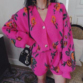 Set: Floral Cardigan + Knit Shorts Set - Cardigan & Shorts - Pink - One Size