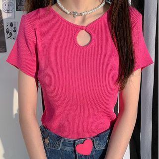Plain Perforated Knit Short-sleeve T-shirt