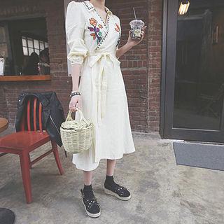 Embroidered Long Surplice-wrap Dress