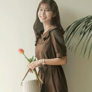 Slit-trim Collar Dress With Cord