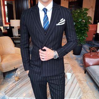 Suit Set: Striped Double Breasted Blazer + Vest + Dress Pants