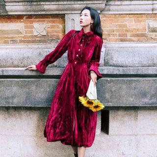 Bell-sleeve A-line Midi Velvet Dress