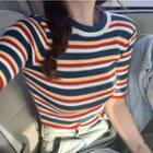 Striped Short-sleeve Cropped Knit Top Stripes - Multicolor - One Size