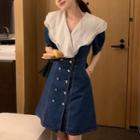 Short Sleeve Ruffled Collar Double Breasted Denim Dress Blue - One Size
