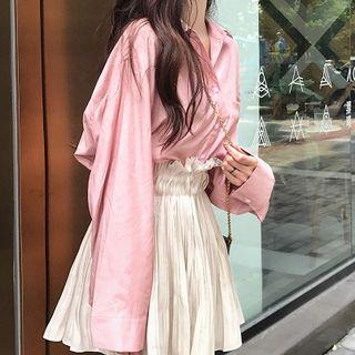Plain Long-sleeve Midi Blouse / High-waist Pleated Skirt