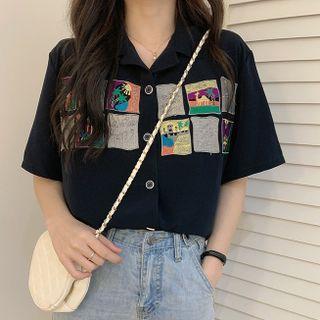 Elbow-sleeve Print Button-up Blouse