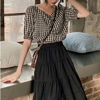 Square-neck Plaid Short-sleeve Shirt / Plaid Lace Up Strap Sleeveless Top