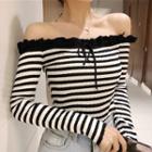Off-shoulder Striped Long-sleeve Knit Top As Shown In Figure - One Size