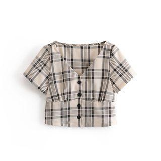 Plaid V-neck Short-sleeve Crop Top
