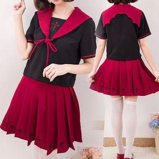 Cross Embroidered Pleated Skirt