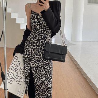 Spaghetti-strap Leopard Print Slit Midi Sheath Dress