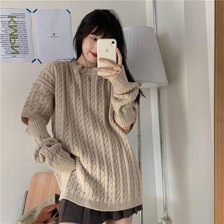 Set: Elbow-sleeve Cable Knit Top + Oversleeves