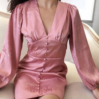 Plain V-neck Puff-sleeve Chiffon Dress