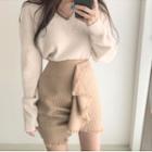 V-neck Sweater / Ruffled Irregular Mini Skirt