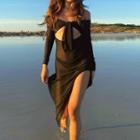 Plain Long-sleeve Cut-out Side-slit Dress