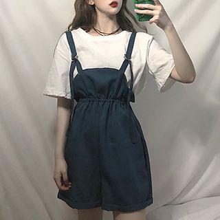 Set: Plain Short-sleeve T-shirt + Wide-leg Pinafore Playsuit