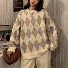 Argyle Print Sweater Almond & Gray & Coffee - One Size