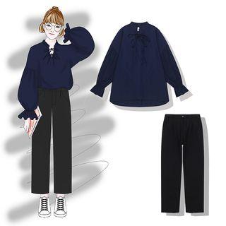 Tie-neck Chiffon Blouse / Straight-cut Jeans
