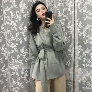 Plain Shirt With Sash Grayish Green - One Size