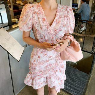 Frilled Floral Wrap Chiffon Dress