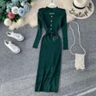 Faux-pearl Button Detail Long-sleeve Knit Dress With Belt