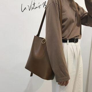 Faux Leather Hoop Accent Bucket Bag