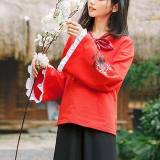 Swallow Print Bell-sleeve Bow-neck Blouse