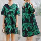 V-neck Elbow Sleeve Leaf Print Dress