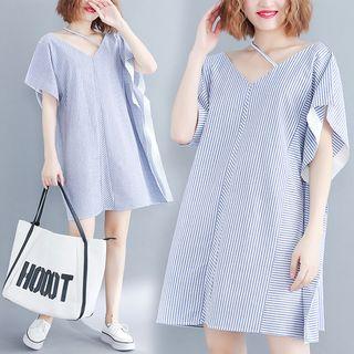 Pinstriped Short Sleeve V-neck Dress