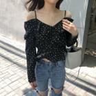 Dotted Cold Shoulder Long-sleeve Chiffon Blouse Black - One Size