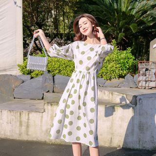 Elbow-sleeve Polka Dot A-line Midi Dress