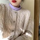 Plain Turtle-neck Long-sleeve Top / Cable Knit Cardigan