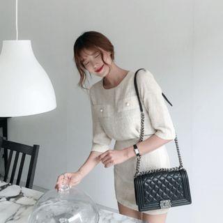 Set: Faux-pearl Button Top + Band-waist A-line Skirt