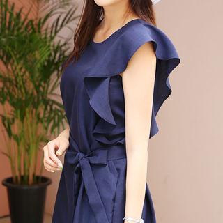 Frill-sleeve Shift Dress With Sash
