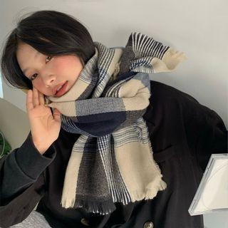 Plaid Scarf Plaid - Beige & Blue & Gray - One Size