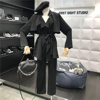 Set: Ruffle Chiffon Jacket With Sash + Dress Pants