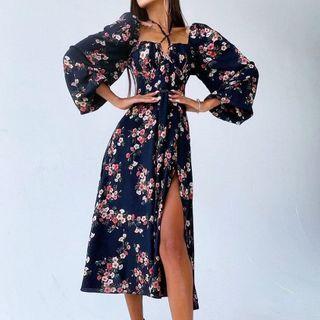 Floral Print Lantern-sleeve Square-neck A-line Dress