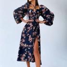 Floral Print Lantern-sleeve Square-neck A-line Dress