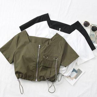 Chain-accent Drawstring-hem Zipper Crop Blouse