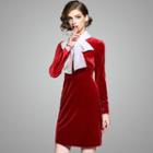 Long-sleeve Ribbon Velvet Mini Dress