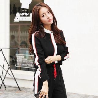 Set: Striped Trim Long-sleeve Top + Drawstring Pants