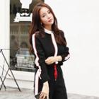Set: Striped Trim Long-sleeve Top + Drawstring Pants