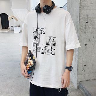 Elbow-sleeve Comic Printed T-shirt